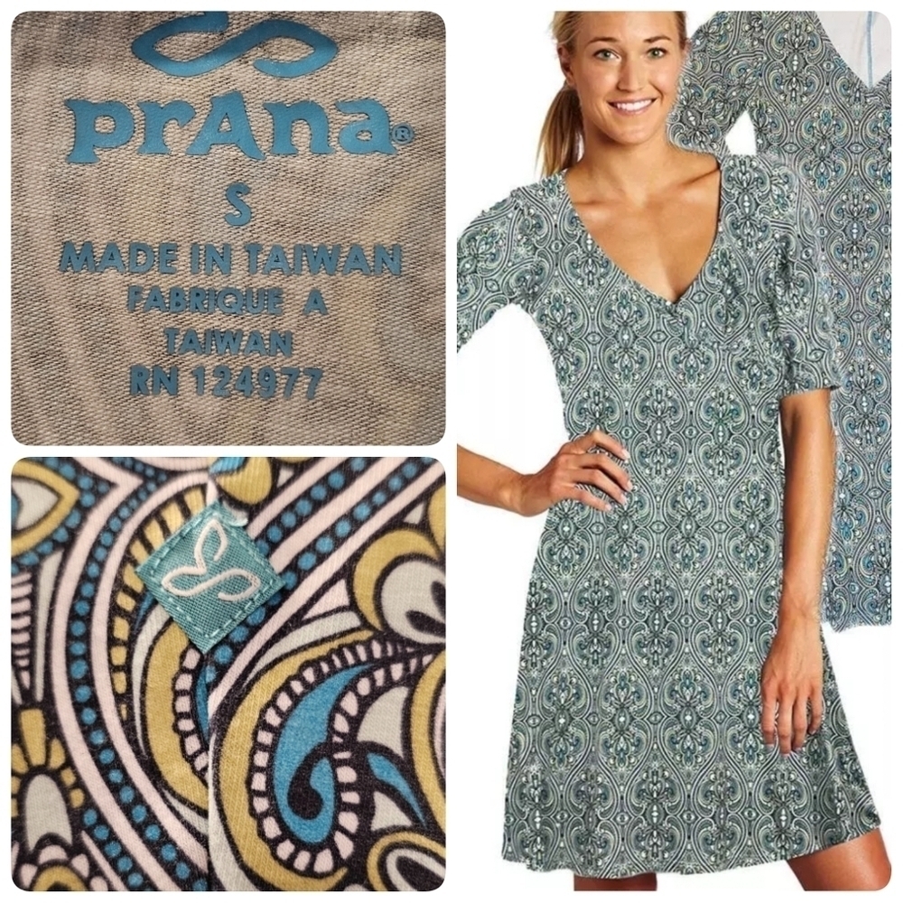 PrAna Sz S 'Nadia Veeda' Wrap Dress Athleisure Hidden Pocket Blue Green Boho ECU